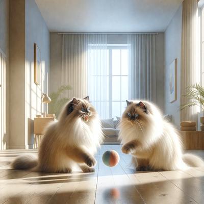 The primary subject of the image is a cat playing with a ball. The cat is positioned on the floor, and the ball is located near the center of the scene. The setting is a room with a couch in the background and a potted plant on the right side. The visual style is a digital art or illustration, creating a lively and engaging atmosphere. The colors are predominantly white and brown, with the cat being predominantly white and the ball being brown.